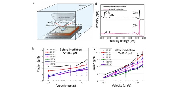 Temperature and velocity dependent friction of a microscale graphite-DLC heterostructure